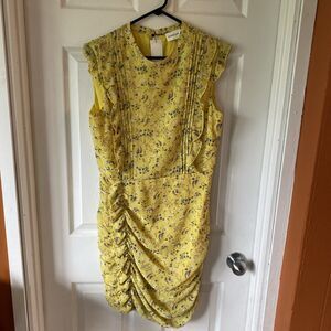Sugar Lips Dress Women’s Size Medium Yellow Floral Sleeveless Ruffled Ruched